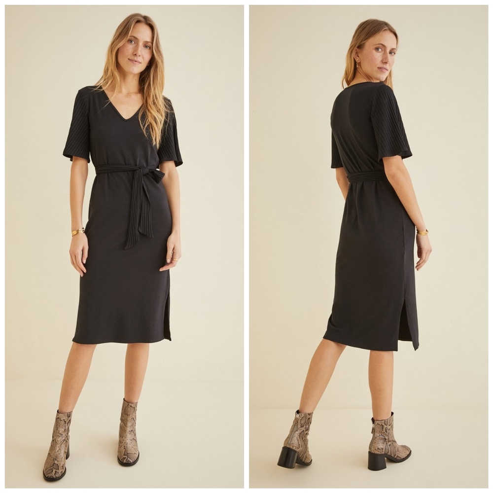 NWT Amour Vert Mizu Ribbed Black Midi Dress XS